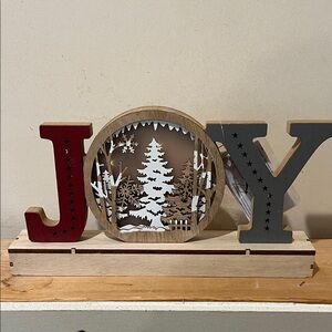 Festive Lighted JOY Holiday Decoration - Red, Gray, and Natural Wood (NWT)